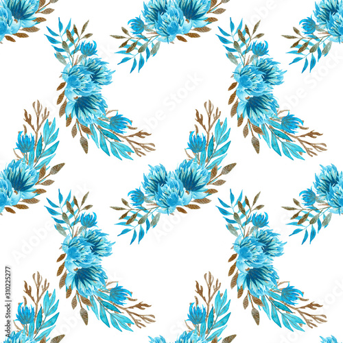 Seamless pattern with watercolor hand drawn blue flowers with golden leaves.