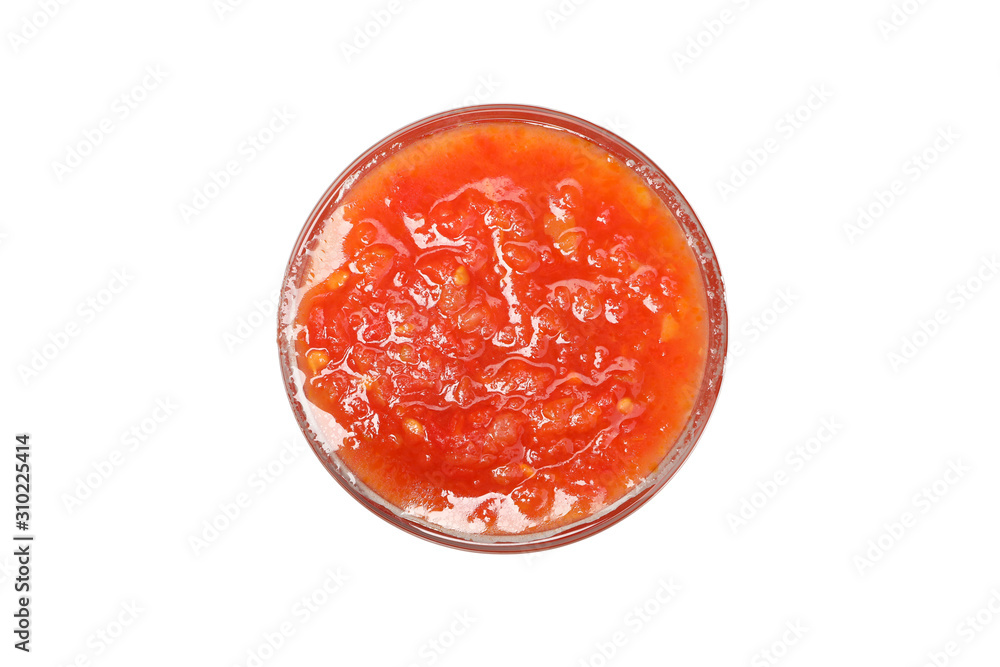 Tasty chili sauce in bowl isolated on white background Tasty chili sauce in bowl isolated on white background