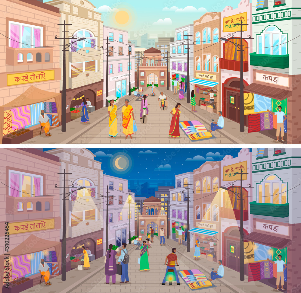 Collection of streets in India, people wearing traditional clothes walking along roads in asian country at night and day. Cityscape with buildings and houses, citizens and shops. Vector in flat