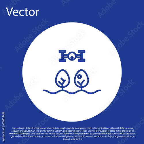 Blue line Smart farm with drone control and tree icon isolated on blue background. Innovation technology for agricultural company. White circle button. Vector Illustration