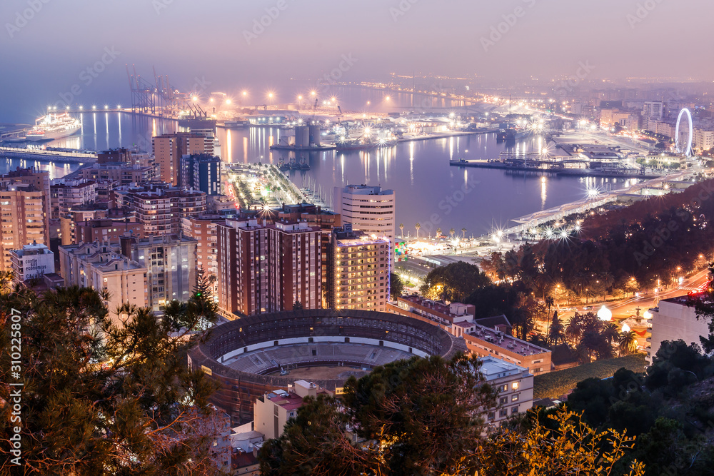 Panorama of Malaga on the Spanish Mediterranean coast at night. View of the city on the Costa del Sol with illuminated harbor, residential buildings, trees, street lamps, ferris wheel, ships