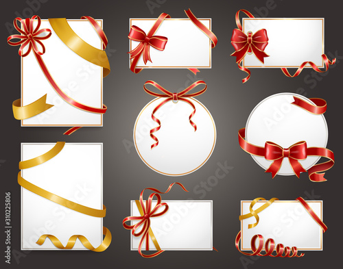 Blank gift cards frames with bow and ribbon isolated icons. Birthday present, shopping offer, holiday voucher, certificate for buying goods template. Fashion shop coupons vector illustration
