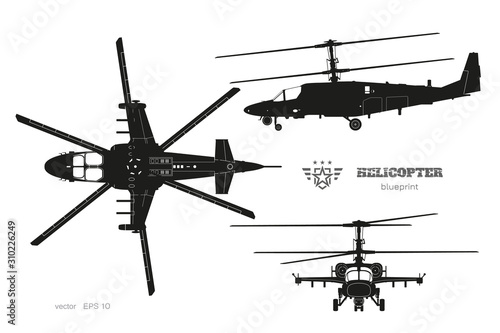 Black silhouette of military helicopter. Top, side and front views of armed air vehicle. Industrial isolated blueprint. War copter