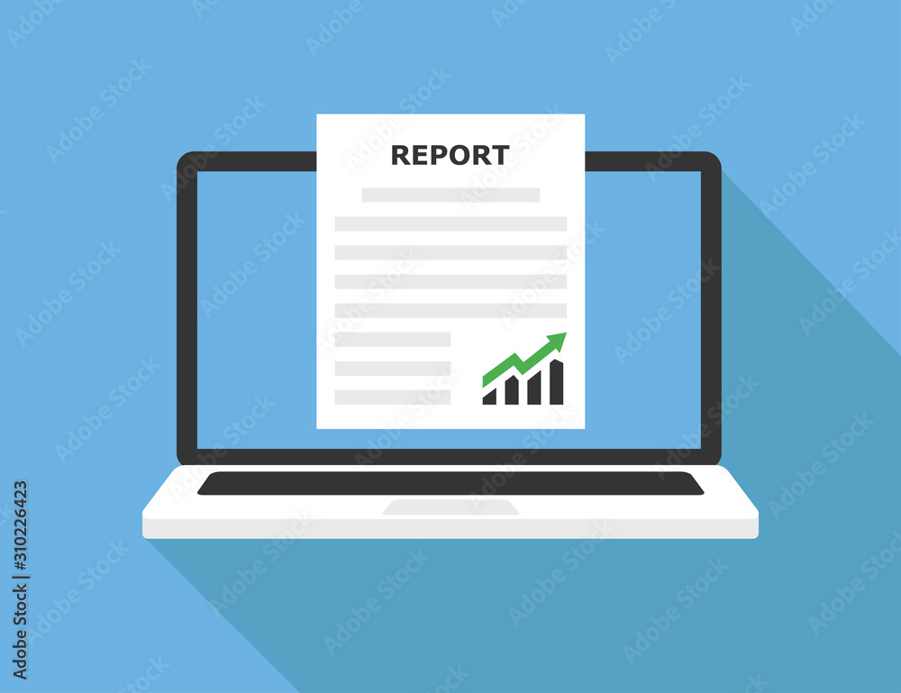 Laptop with paper report. Isolated vector illustration. Flat design. Financial market vector illustration. Graphic vector. Feedback report concept. Laptop with paper report. Isolated vector illustration. Flat design. Financial market vector illustration. Graphic vector. Feedback report concept.
