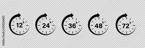 12, 24, 36,48 and 72 hours icon. Vector isolated service icons on transparent background. Clock arrow vector icon. Vector hours delivery service work.