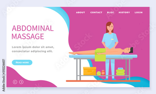 Masseuse with client giving abdominal massage therapy. Client and specialist at spa salon therapy. Professional and ill patient. Website or webpage template, landing page, vector in flat style