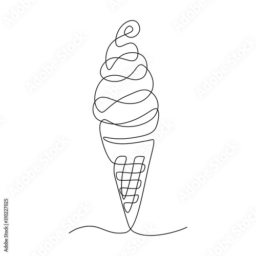 Soft serve ice cream in waffle cone in continuous line art drawing style. Black line sketch on white background. Vector illustration