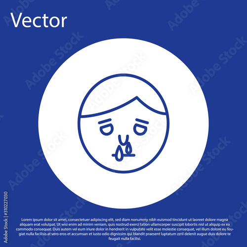 Blue line Runny nose icon isolated on blue background. Rhinitis symptoms, treatment. Nose and sneezing. Nasal diseases. White circle button. Vector Illustration