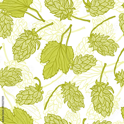 Beer Hops Vector Seamless Pattern. Common Hop or Humulus Lupulus Branch. Leaves and Cones. Vector Floral Background