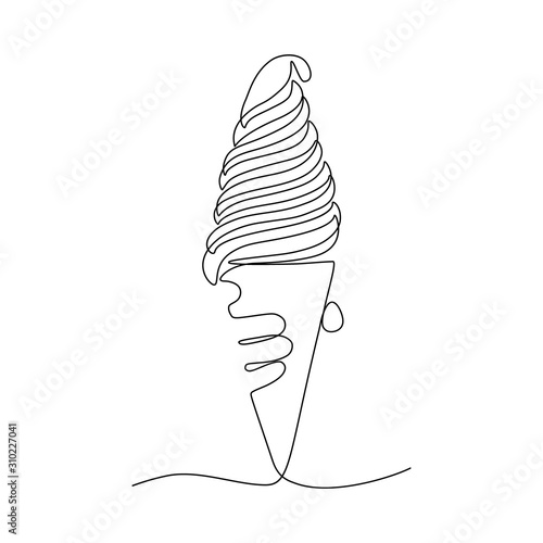 Soft serve ice cream cone holding by hand in continuous line art drawing style. Black line sketch on white background. Vector illustration