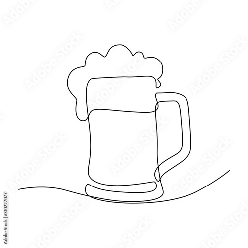 Glass mug with beer in continuous line art drawing style. Minimalist black line sketch on white background. Vector illustration