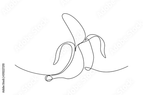 Peeled banana in continuous line art drawing style. Black line sketch on white background. Vector illustration