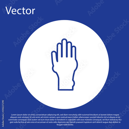 Blue line Hand with psoriasis or eczema icon isolated on blue background. Concept of human skin response to allergen or chronic body problem. White circle button. Vector Illustration
