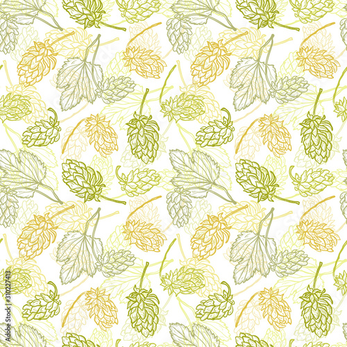 Beer Hops Vector Seamless Pattern. Common Hop or Humulus Lupulus Branch. Leaves and Cones. Vector Floral Background