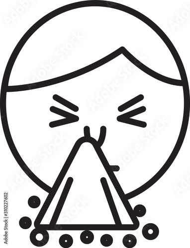 Black line Man holding handkerchief or napkin to his runny nose icon isolated on white background. Coryza desease symptoms. Vector Illustration