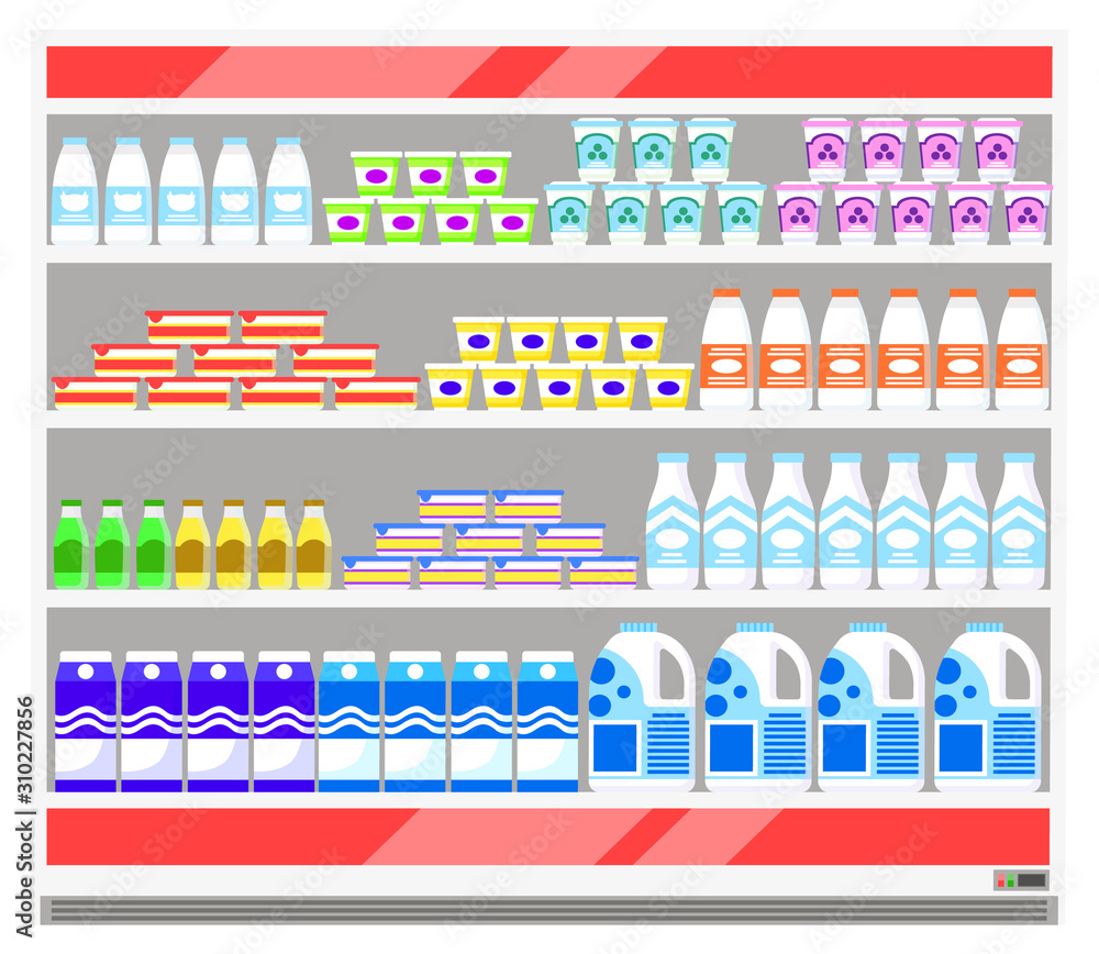 Stand with dairy products in supermarket. Grocery store with big cooler and fresh goods on it. Organic, natural food like milk and sour cream, yogurt and kefir. Vector illustration in flat style