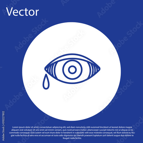 Blue line Reddish eye due to viral, bacterial or allergic conjunctivitis icon isolated on blue background. White circle button. Vector Illustration