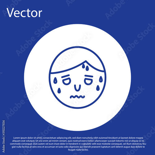 Blue line Man with excessive sweating icon isolated on blue background. White circle button. Vector Illustration