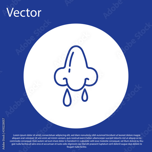 Blue line Runny nose icon isolated on blue background. Rhinitis symptoms, treatment. Nose and sneezing. Nasal diseases. White circle button. Vector Illustration