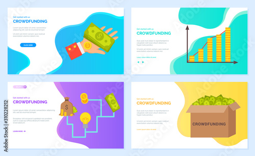 Crowdfunding vector, infocharts with information about business, box with banknotes and hand holding cash American dollars. Coin and bag. Website or webpage template, landing page flat style
