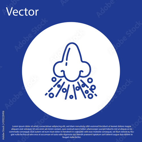 Blue line Runny nose icon isolated on blue background. Rhinitis symptoms, treatment. Nose and sneezing. Nasal diseases. White circle button. Vector Illustration