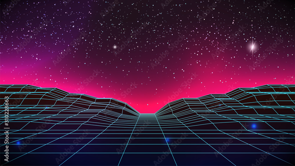 Synthwave Horizon Background. Virtual 3d landscape with Glow. Perspective  Grid with starry sky. 80s sci-fi or game style. Banner, poster, cover or  Retro party flyer template. Stock vector illustration Stock Vector |