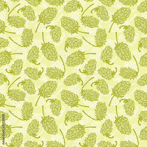 Beer Hops Vector Seamless Pattern. Common Hop or Humulus Lupulus Cones. Vector Floral Background