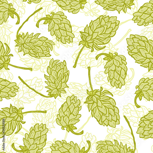 Beer Hops Vector Seamless Pattern. Common Hop or Humulus Lupulus Cones. Vector Floral Background