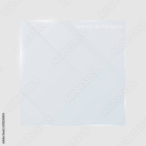 Vector plastic and acrylic glass mockup with glow light reflection on the edge of frame. Window, screen or plate  with shiny glare effect on a transparent white gray background.