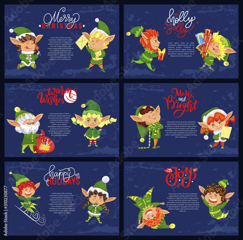 Christmas holiday banners, elves or Santa helpers with Xmas gifts vector. Magic dwarfs with presents, sledging on sleighs, lollipops and letters, wish list. Winter celebrations vector illustrations