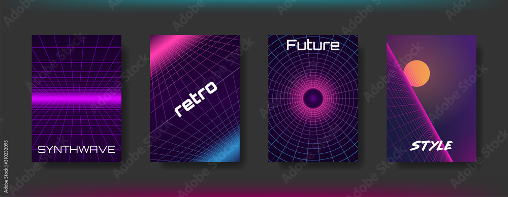 Synthwave Cover Set. Retro Future style background. 80s sci-fi design ...