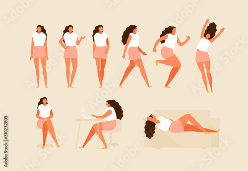 Female character in various positions. Standing, sitting, walking and running, jumping and sleeping poses set