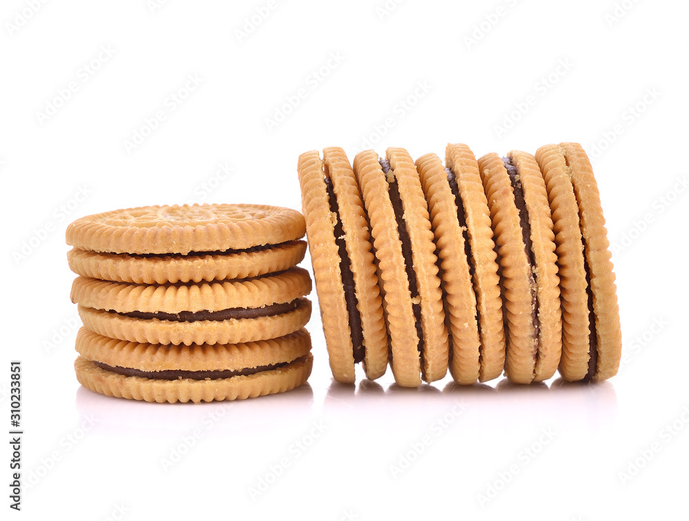 Sandwich cookie filled with chocolate cream on white Sandwich cookie filled with chocolate cream on white