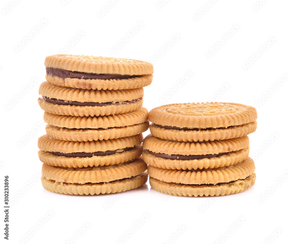 Sandwich cookie filled with chocolate cream on white Sandwich cookie filled with chocolate cream on white