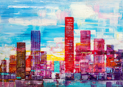 Abstract painting of urban skyscrapers.