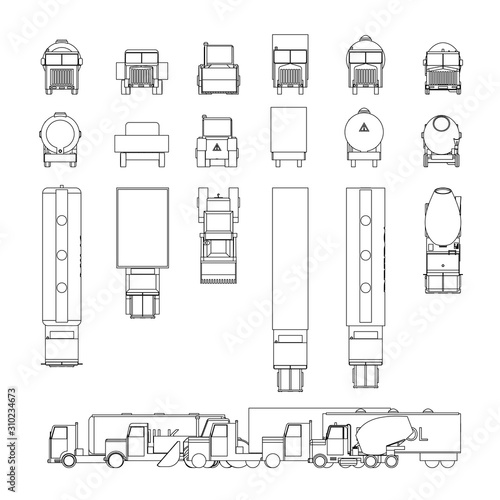 Truck 2d icons set. Vector Illustration. Transportation background.