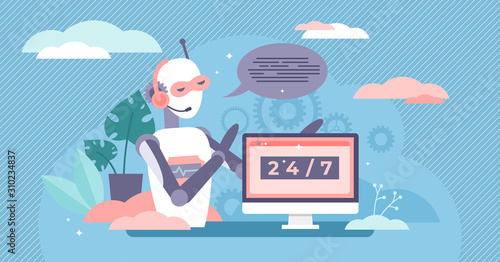 Robot telemarketer broadcast media tiny person vector illustration concept