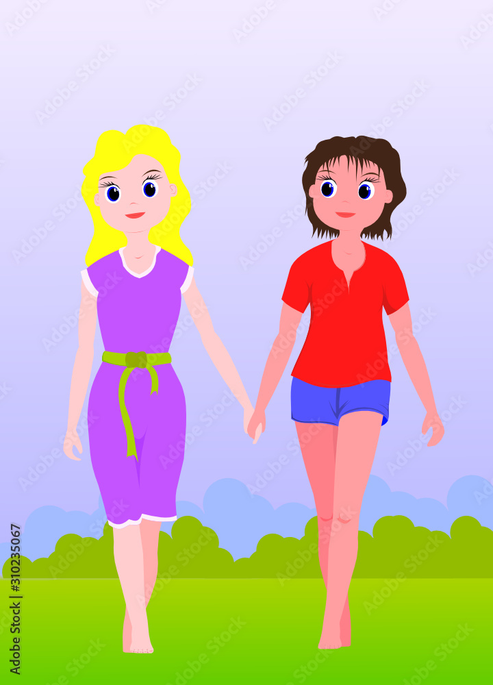Lesbians Lovers Walking on grass .Women in Love . Romantic Dating and LGBT . Same Sex Relationship. Vector Illustration Lesbians Lovers Walking on grass .Women in Love . Romantic Dating and LGBT . Same Sex Relationship. Vector Illustration