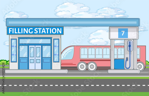 Colored filling station building near the road with bus. Vector illustration in flat style with outlined stroke. City street billboard. Urban  modern area.