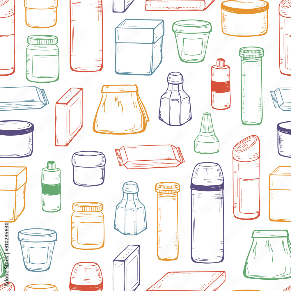 Packaging Vector Background. Blank Packing Seamless Pattern. Hand Drawn Sketch Glass, Plastic, Cardboard Package for Cosmetics and Goods Packaging Vector Background. Blank Packing Seamless Pattern. Hand Drawn Sketch Glass, Plastic, Cardboard Package for Cosmetics and Goods