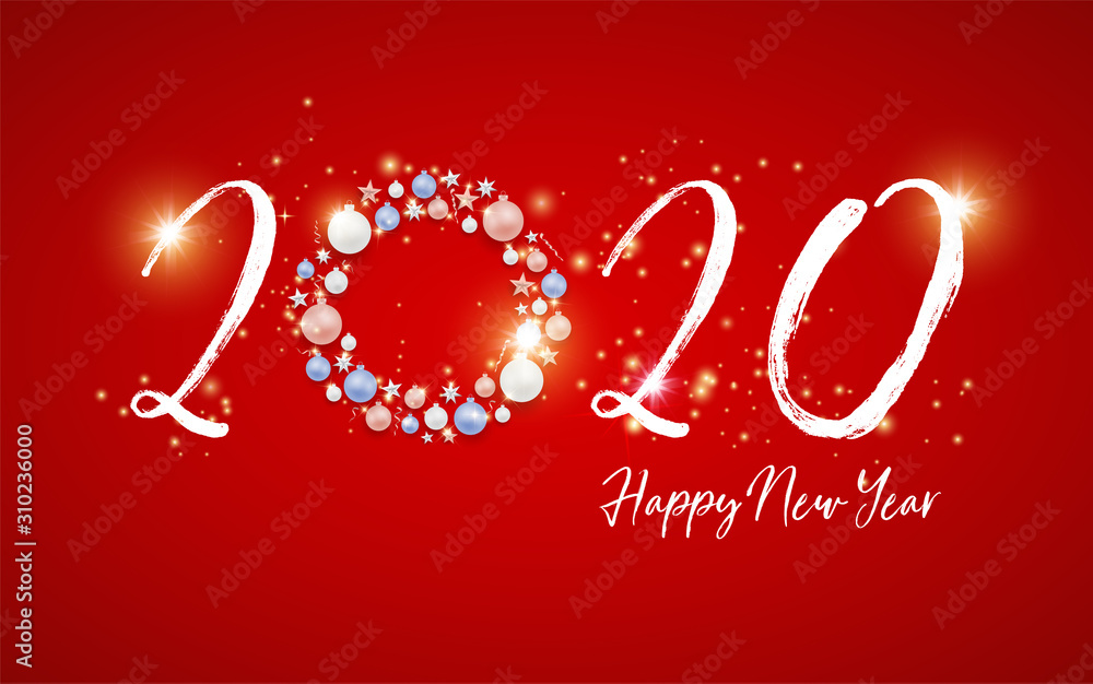 Luxury Elegant Merry Christmas and happy new year Poster Template with Shining balls on white background. Vector illustration. Snowflake frame and sparkles. Christmas balls. 2020 