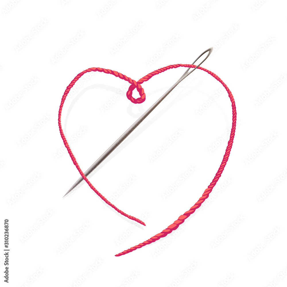 Needle with pink string in the shape of a heart. Needle with pink string in the shape of a heart.