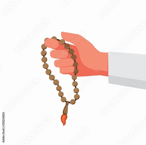 muslim hand holding prayer beads, dhikr, islam religion pray in cartoon flat illustration editable vector 