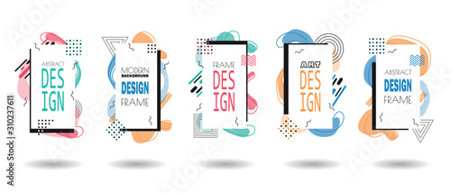 Set of memphis frame. Minimal lines and dots pattern shapes, 80s minimalist frames design and retro hipster geometric elements halftone. Business cards, invitations, gift cards, flyers, brochures.