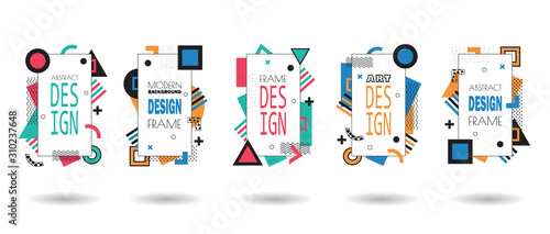 Set of memphis frame. Minimal lines and dots pattern shapes, 80s minimalist frames design and retro hipster geometric elements halftone. Business cards, invitations, gift cards, flyers, brochures.