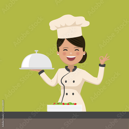 Happy chef woman holding a platter. Isolated vector illustration