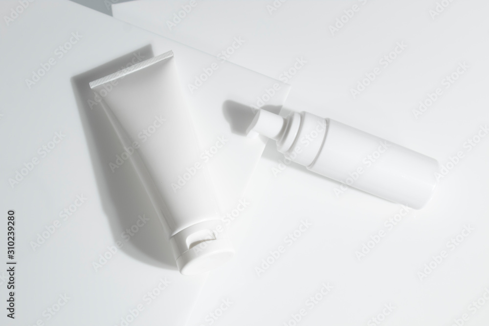 beauty spa medical skincare and cosmetic lotion cream serum oil mockup bottle packaging on white decor background, collagen healthcare medicine concept beauty spa medical skincare and cosmetic lotion cream serum oil mockup bottle packaging on white decor background, collagen healthcare medicine concept
