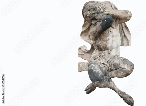 Antique statue isolated on white background. Pan (Faunus) God of the wild, nature and rustic music. He has the hindquarters, legs, and horns of a goat. Free space for design.