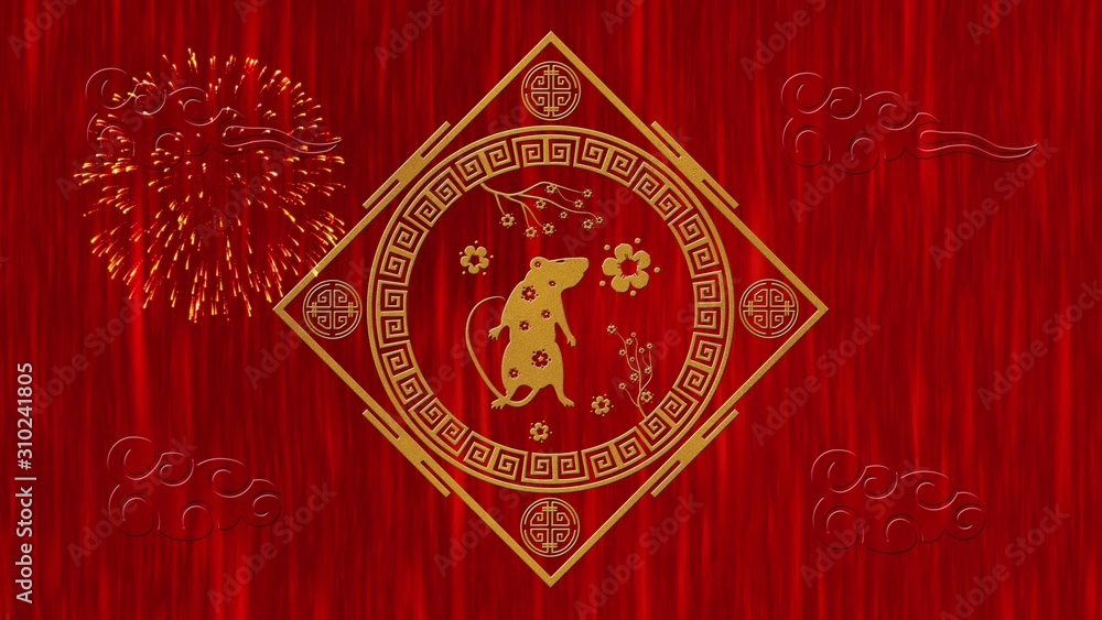 Lunar New Year, Spring Festival background with golden rat, sakura, glittering silk dragon pattern. Chinese new year red paper backdrop for holiday event. 3D rendering.Seamless loop 4k