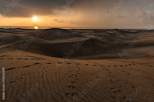 Maspalomas dunes in sunrise light in Gran Canaria in Canary Islands.